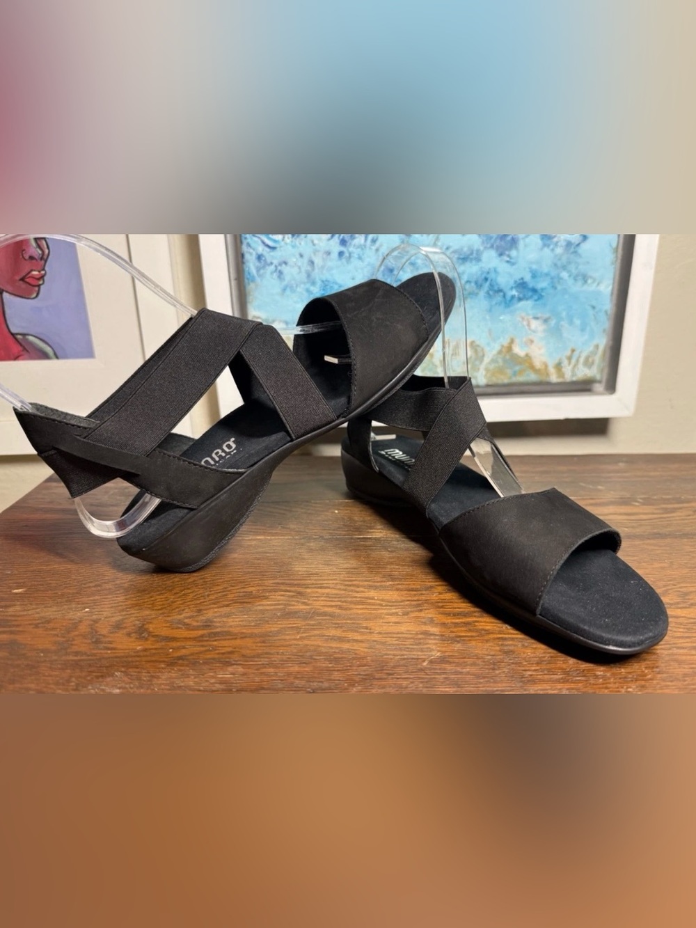 Munro “Ariel” Black Elastic Cross-Strap Leather Sandals Portugal MSRP $100+